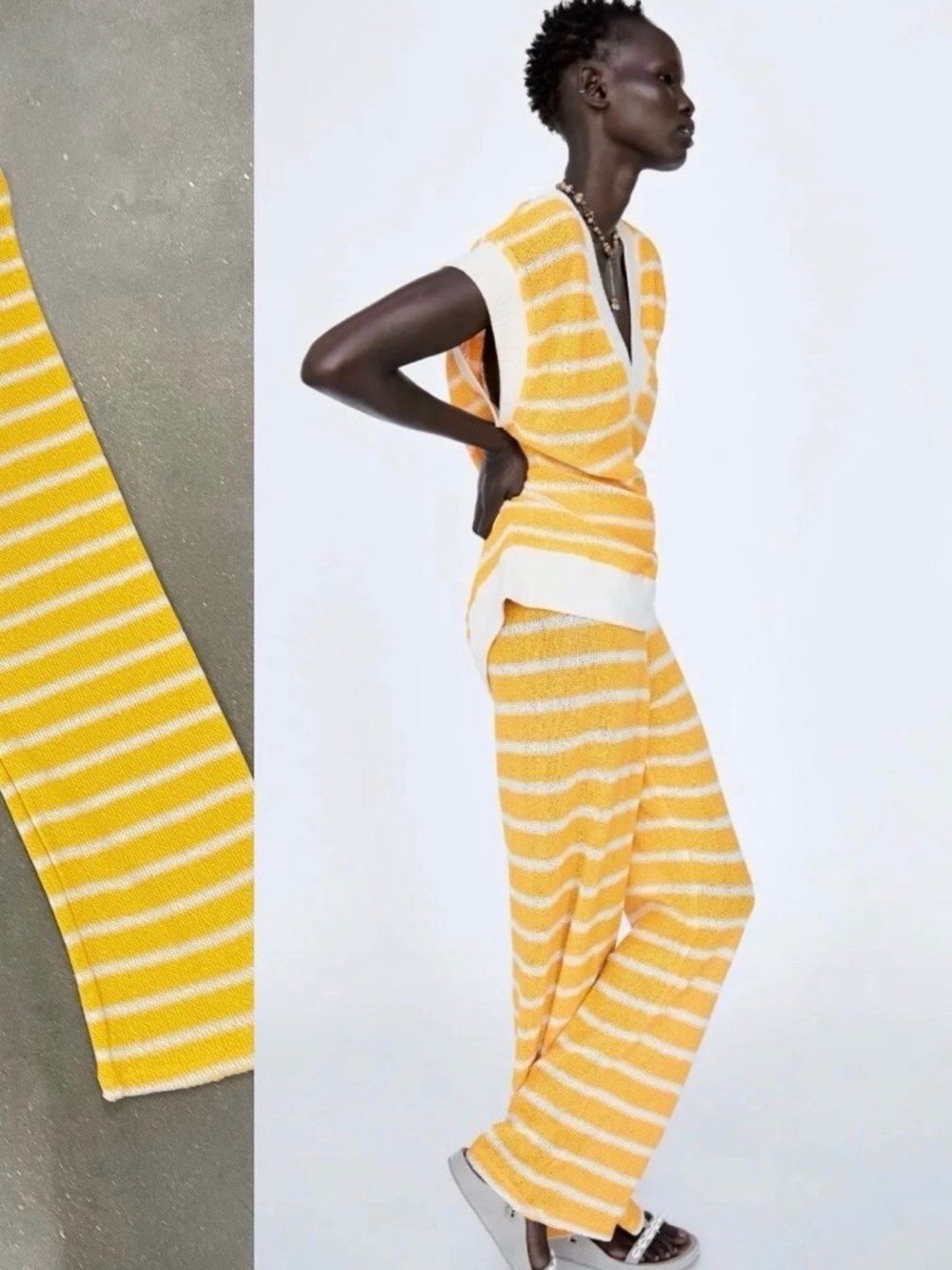 Zara Yellow & White Striped Wide-Leg Knit Pants